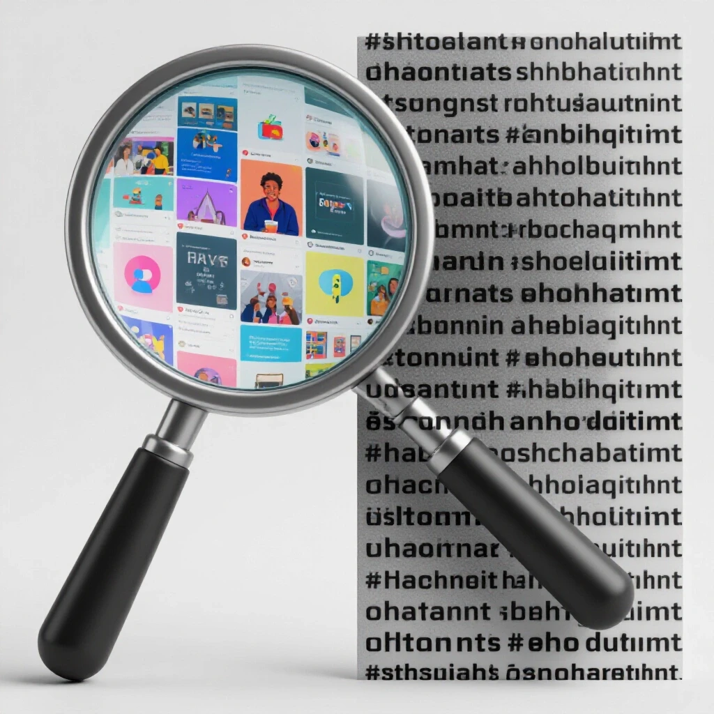 A split image showcasing a magnifying glass over a vibrant social media feed contrasting with a monochrome hashtag list.