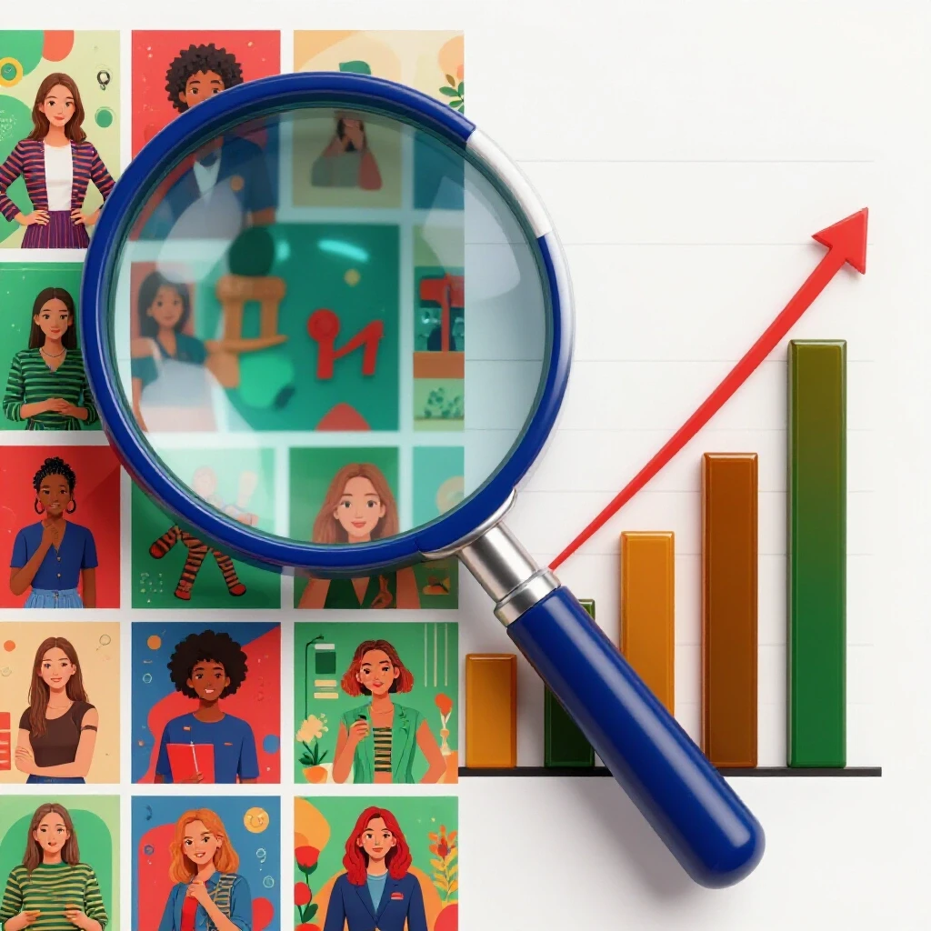A split image showing a magnifying glass over colorful social ad designs and a rising ROI graph, symbolizing ad analysis and profit.