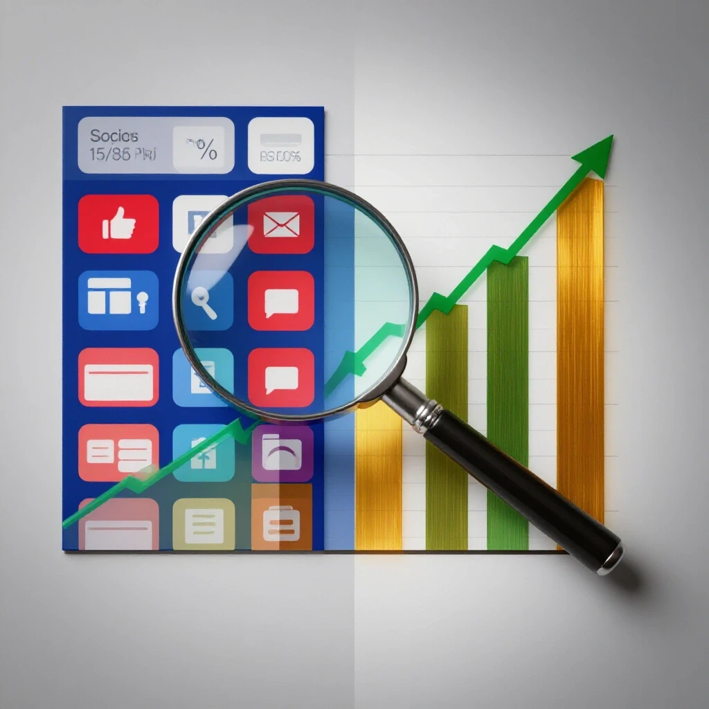 Split-screen of a magnifying glass over a social media ad and a rising ROI graph emphasizing ad creative analysis.