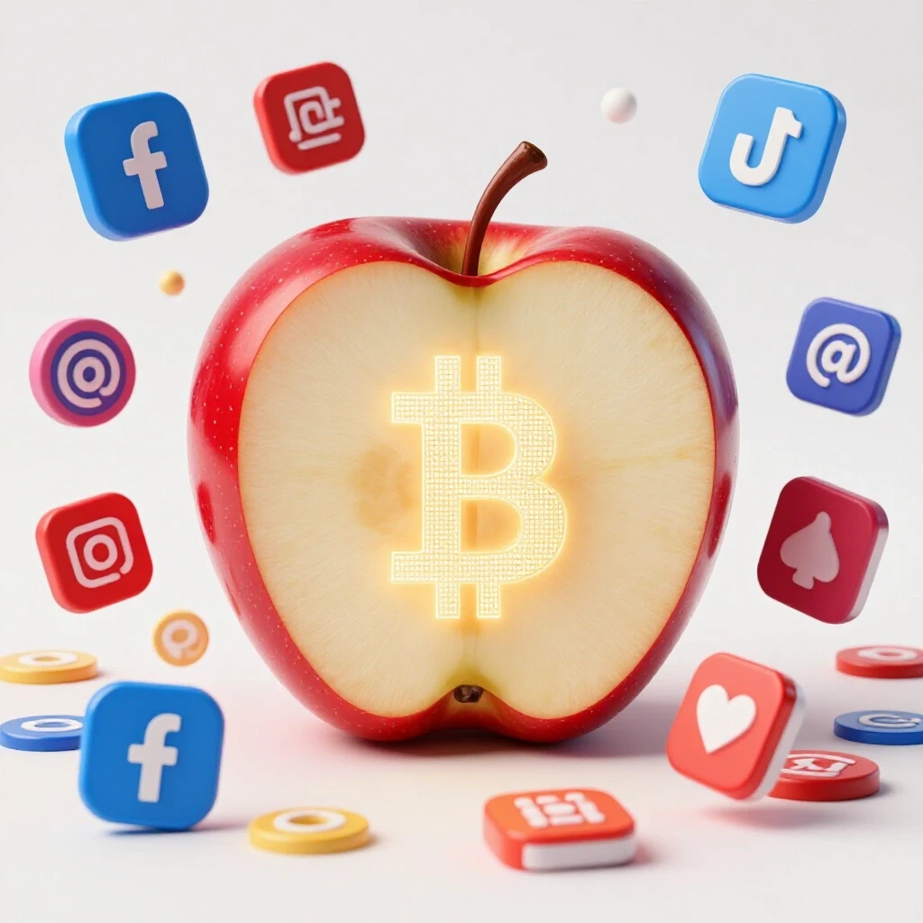 A large sliced apple reveals a glowing currency symbol inside, surrounded by vibrant social media icons in a bright studio.
