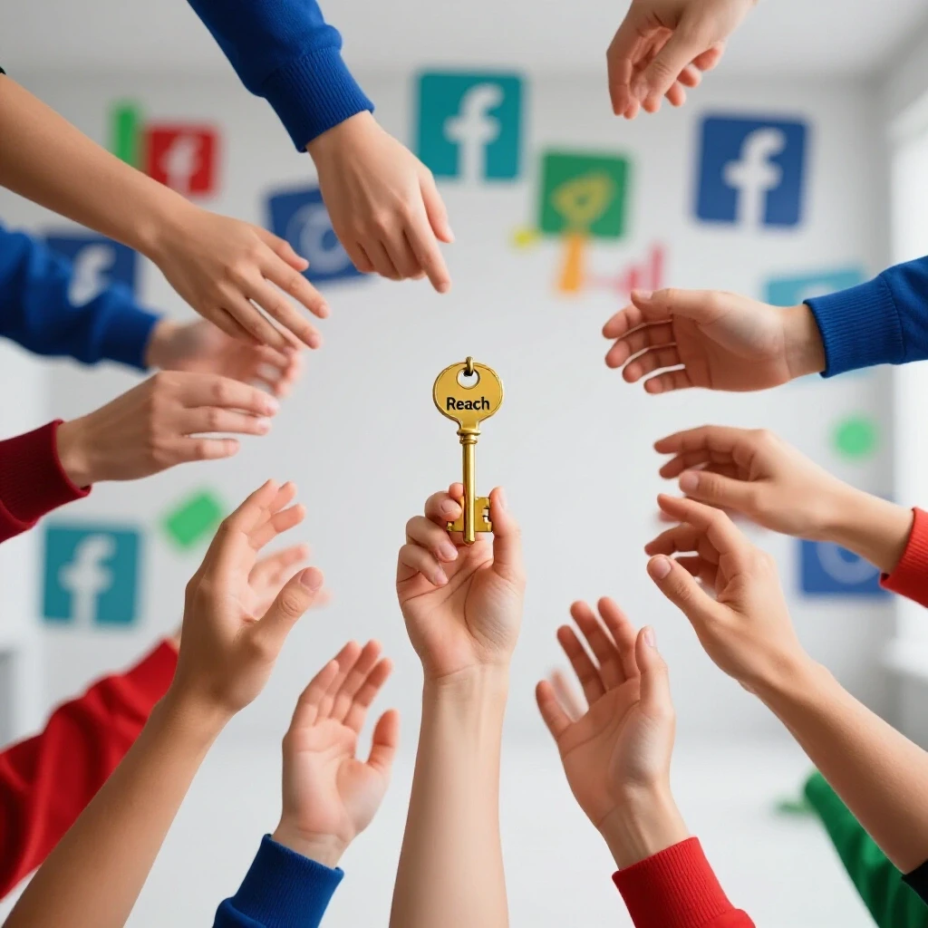 Dynamic scene of hands reaching for a golden key amidst blurred Facebook ad icons, symbolizing auction overlap in ads.
