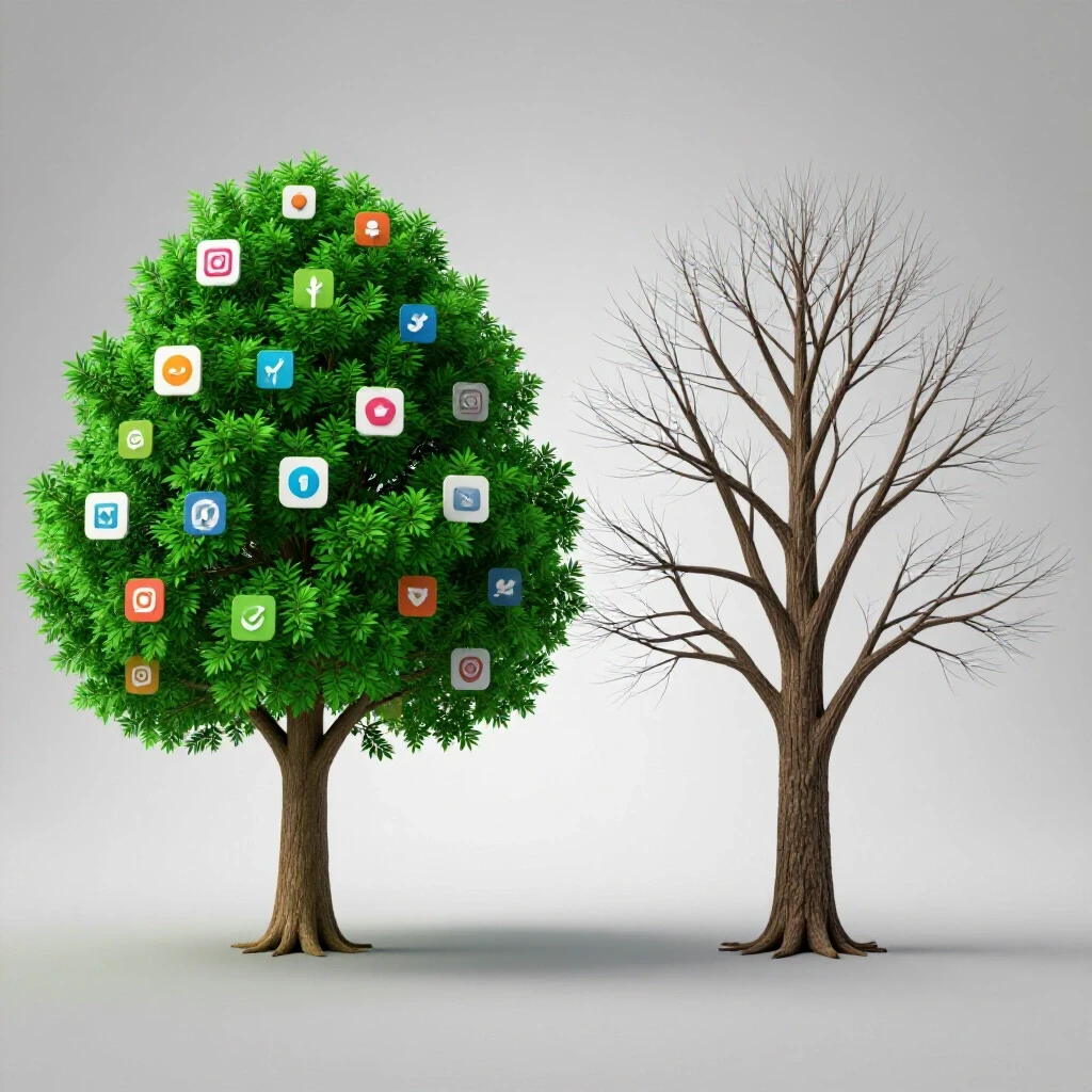 A vibrant tree with social media icons as leaves beside a barren tree with faded icons, illustrating growth vs stagnation.