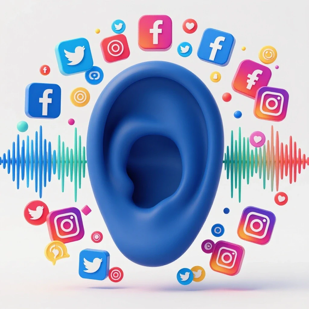 A large open ear surrounded by colorful social media icons with sound waves, symbolizing audience feedback.