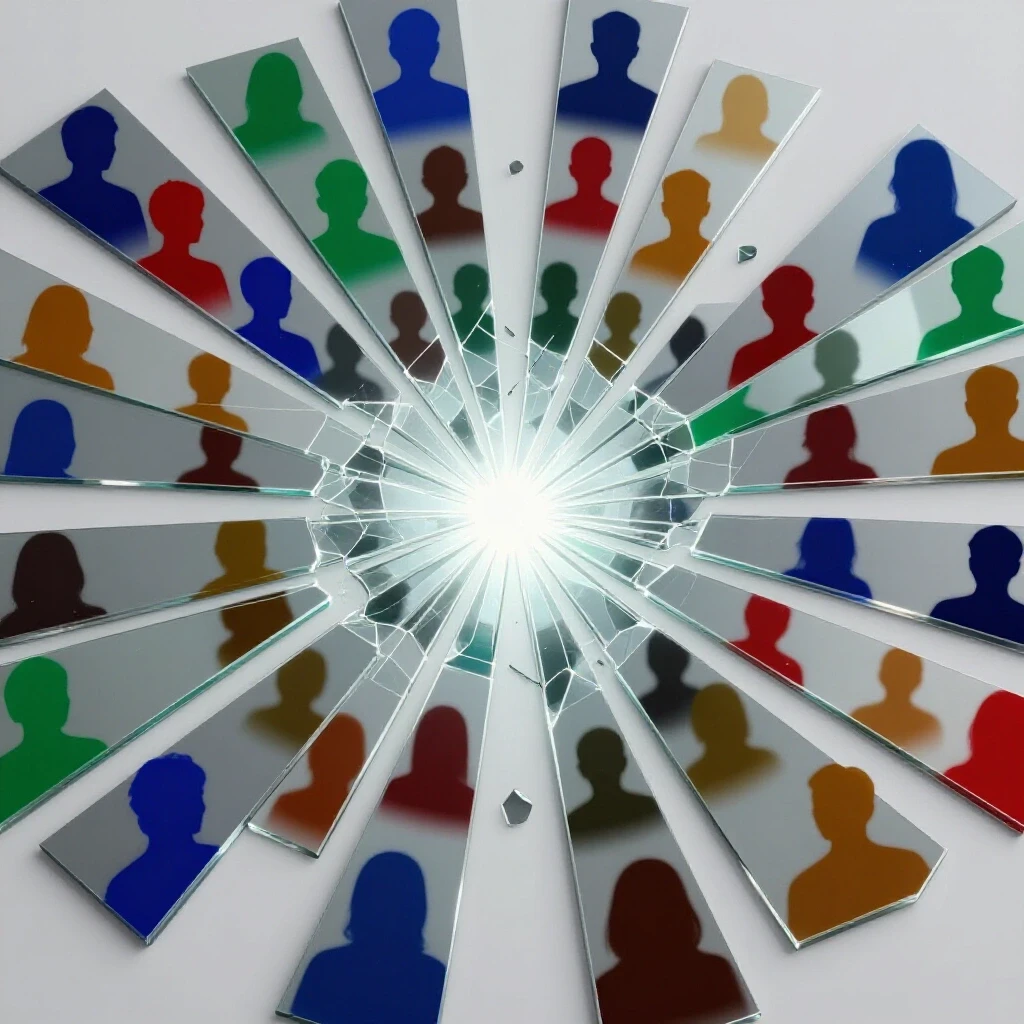 A shattered mirror reflecting colorful silhouettes of diverse audiences, symbolizing audience fragmentation.