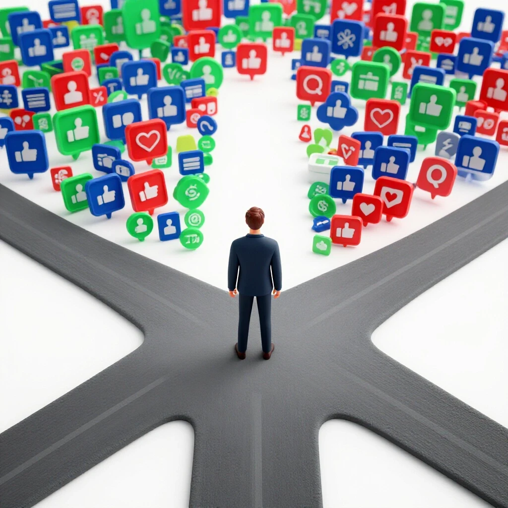 A figure stands at a crossroads, with one path leading to a vibrant social media landscape and the other to a dull, empty road, symbolizing growth mistakes.