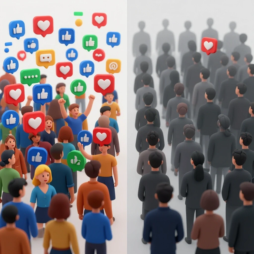 A split visual comparison showing an engaged audience on the left with vibrant social media icons and a dull crowd on the right with faded icons, emphasizing audience mismatch.