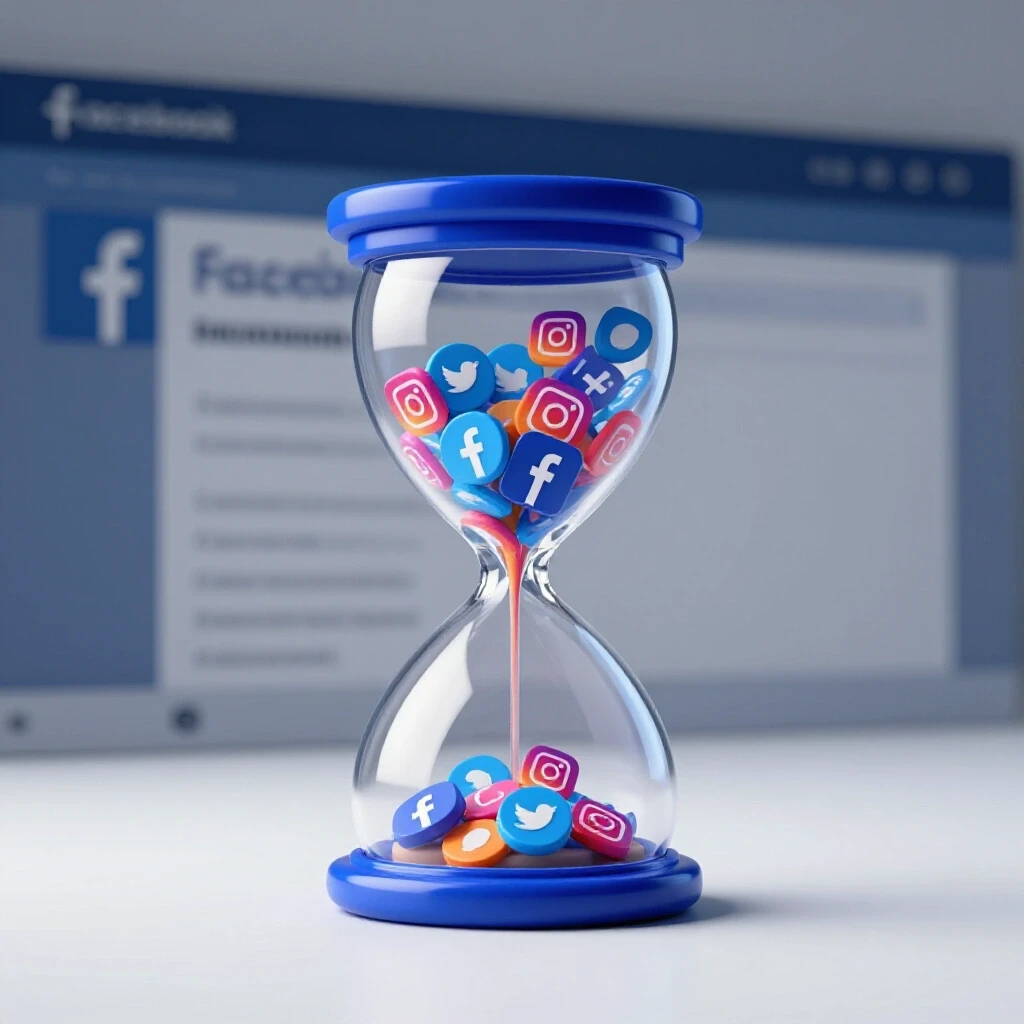 A vibrant hourglass with social media icons flowing into it, symbolizing audience retention in Facebook ads.