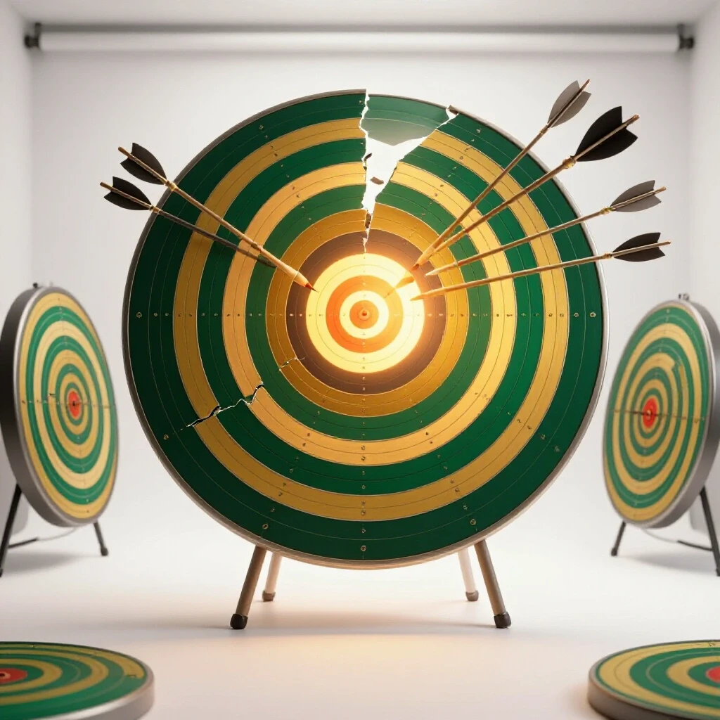 A striking visual of broken target board with arrows missing the bullseye contrasted with a vibrant, glowing target, symbolizing audience targeting success.