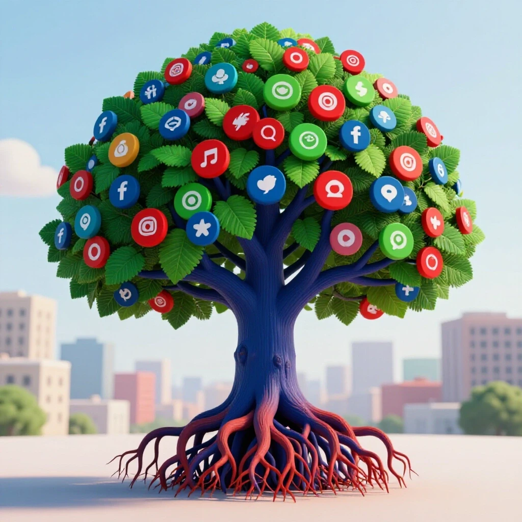 A vibrant tree with social media icons as leaves representing authenticity and brand growth.