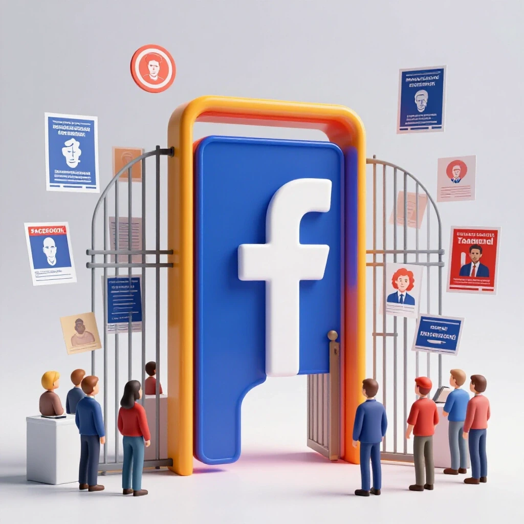 A stylized Facebook logo as a gate with symbolic political items at the entrance, highlighting access to political ads.