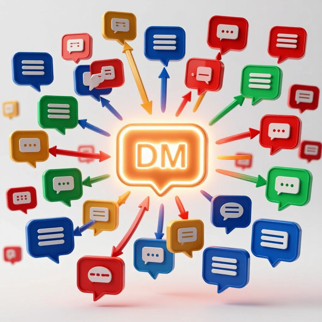 A dynamic visualization of social media comment icons leading to a glowing direct message bubble, symbolizing automation.