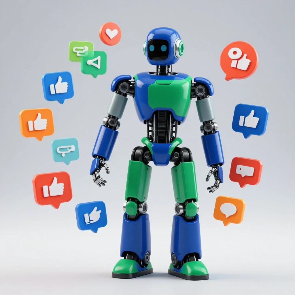 A futuristic robot interacting with vibrant social media icons in a bright studio setting.
