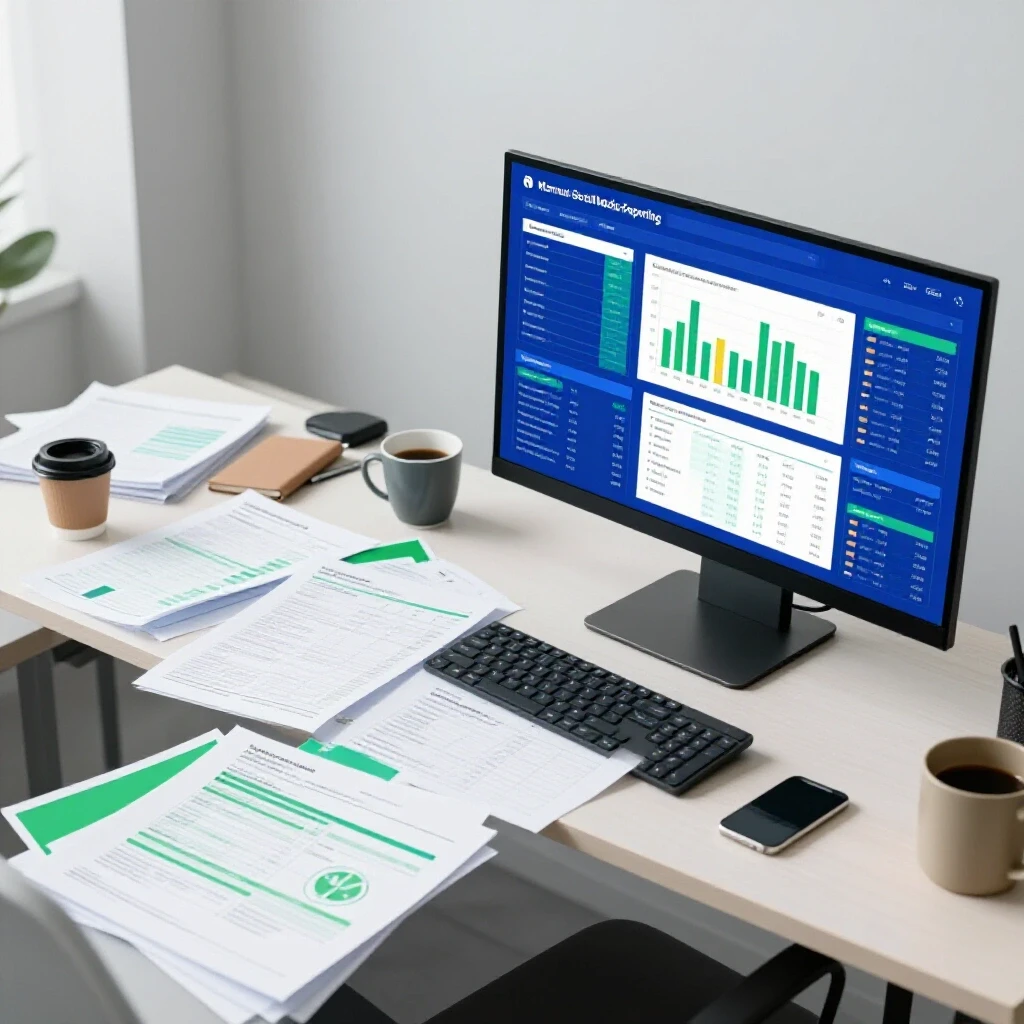 A split-screen image showing a chaotic desk filled with reports and a sleek dashboard displaying colorful analytics side by side.