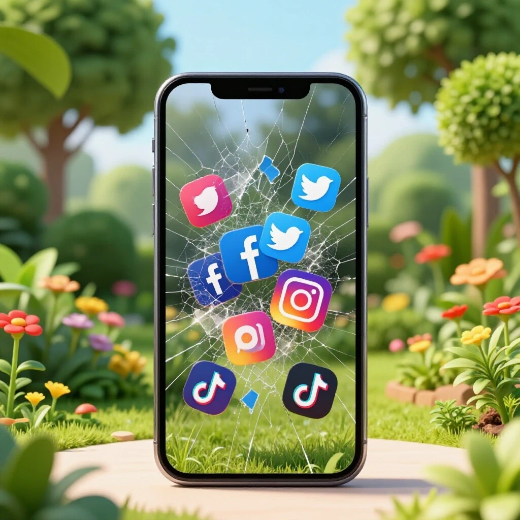 A shattered smartphone screen with colorful social media icons spilling out, set against a vibrant garden background symbolizing growth.