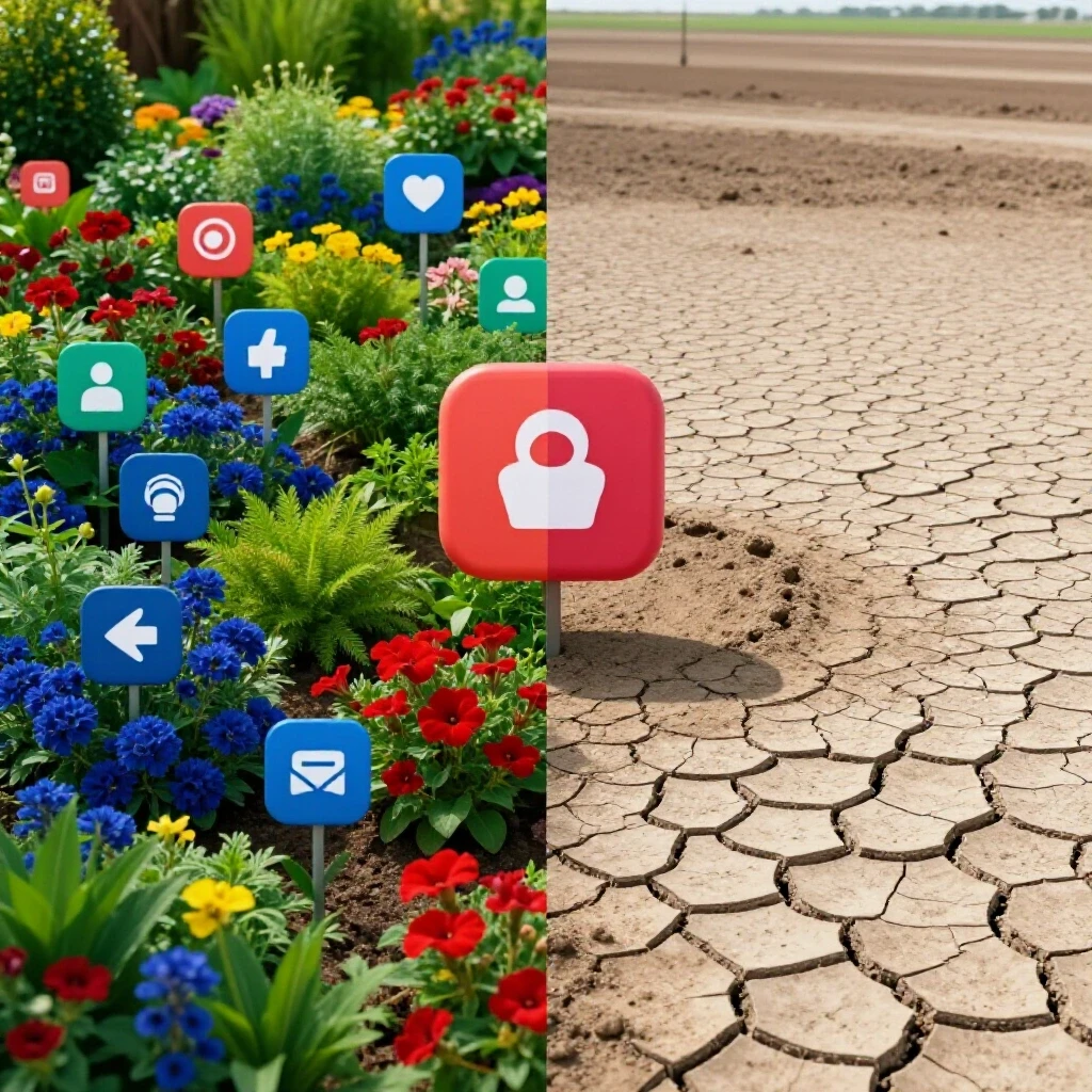 A split-image showing a vibrant social media garden on one side and a barren landscape on the other, highlighting automation's impact.