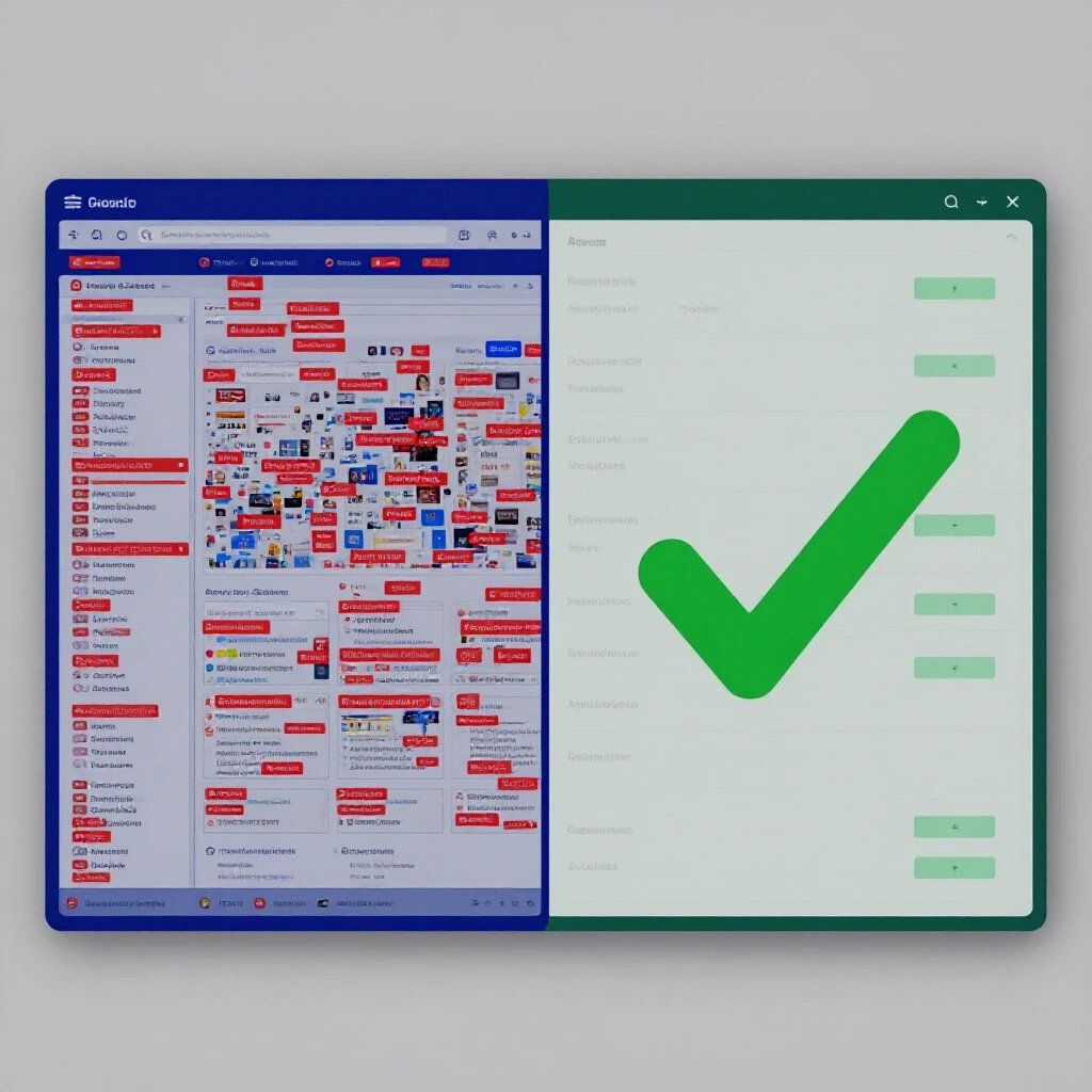A split-image showcasing a chaotic social media dashboard with red alerts on one side and an organized interface with a green checkmark on the other, highlighting automation benefits.