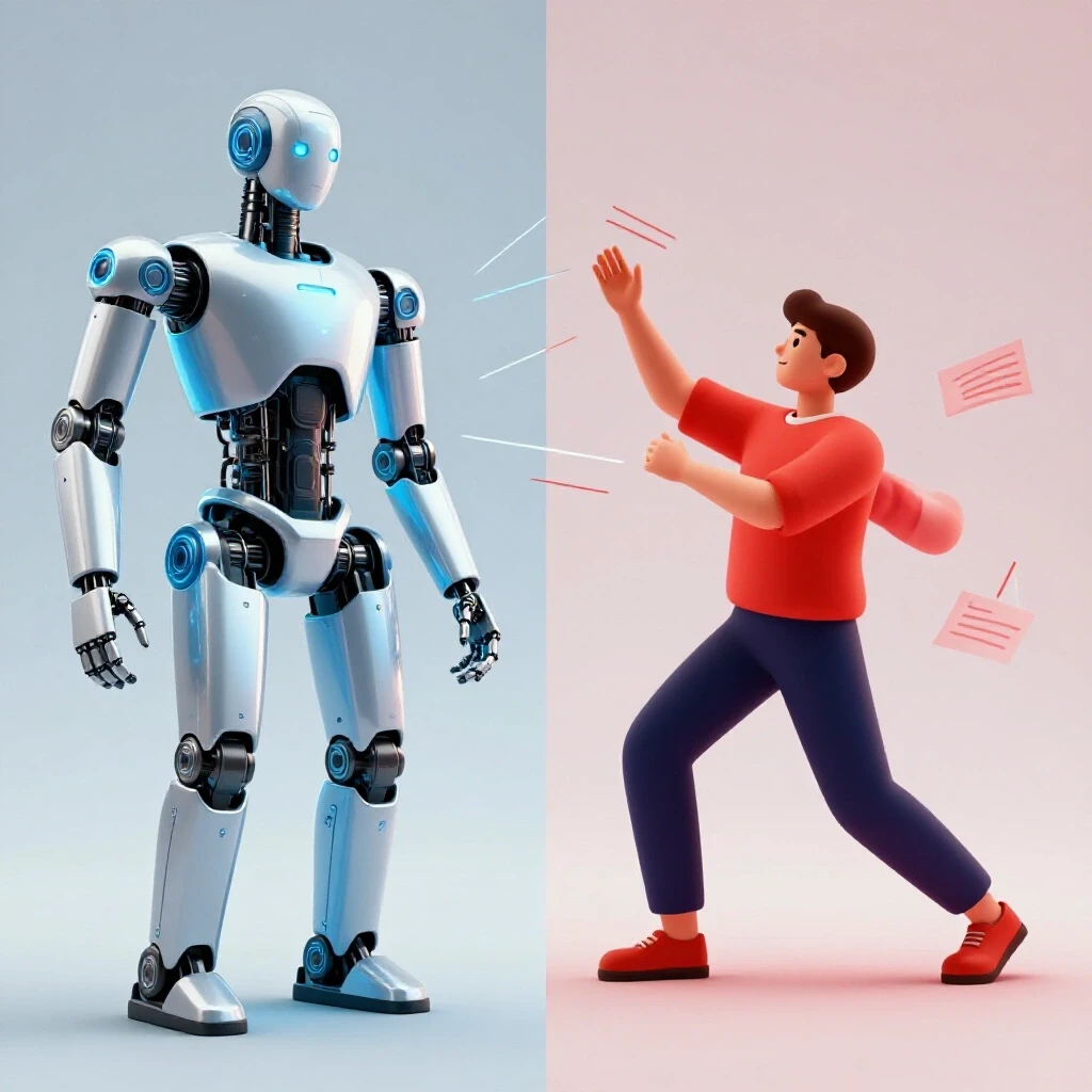 A split image contrasting a futuristic robot for automation and a dynamic human figure for manual posting against a bright background.