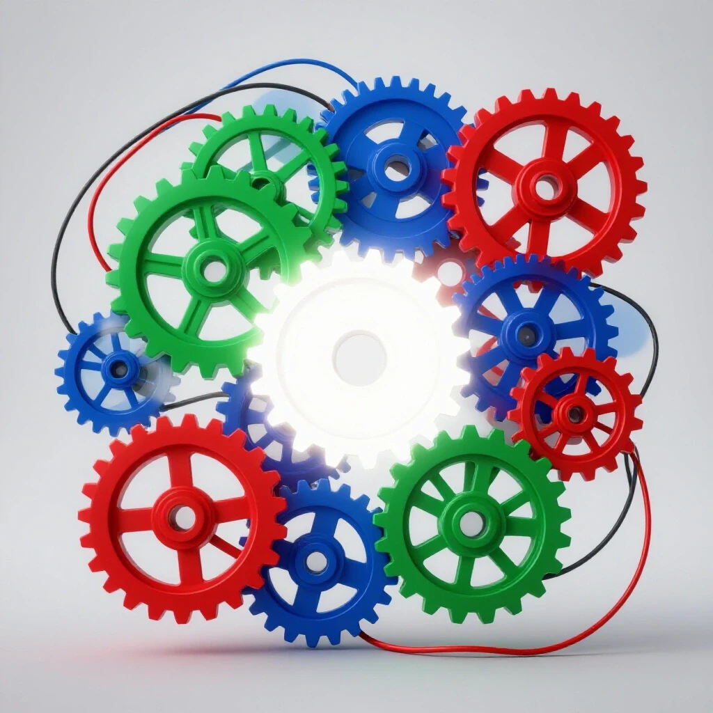 A striking arrangement of gears and wires with a single shining gear, symbolizing clarity amid complexity in automation.