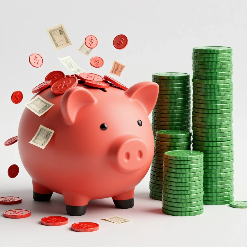 A split scene showing an overflowing piggy bank with vibrant red coins on one side and a neat stack of coins in calming green on the other, symbolizing budgeting.