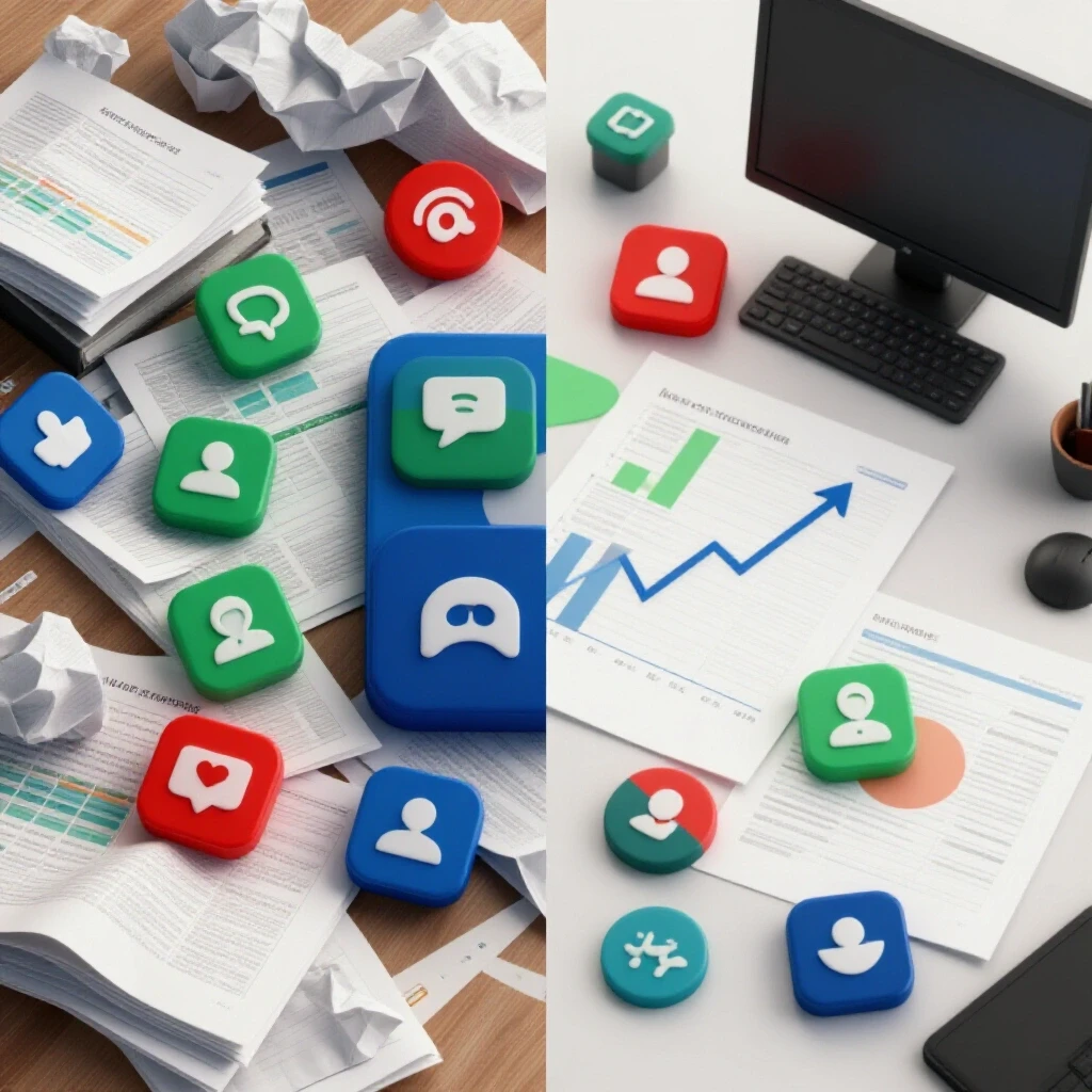 Contrast image showing chaotic budgeting on the left and organized social media workspace on the right, highlighting budget efficiency.