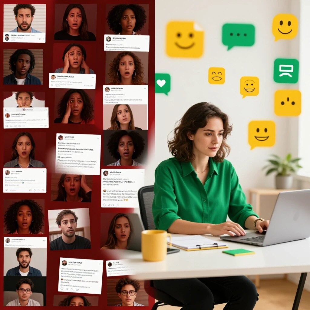 A split-image showing chaos in social media marketing on one side and an organized workspace on the other, representing transformation.