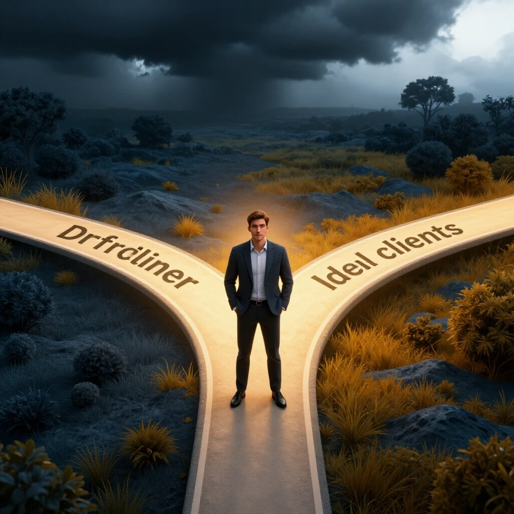 A striking visual metaphor of a freelancer at a crossroads, with contrasting paths to difficult and ideal clients.
