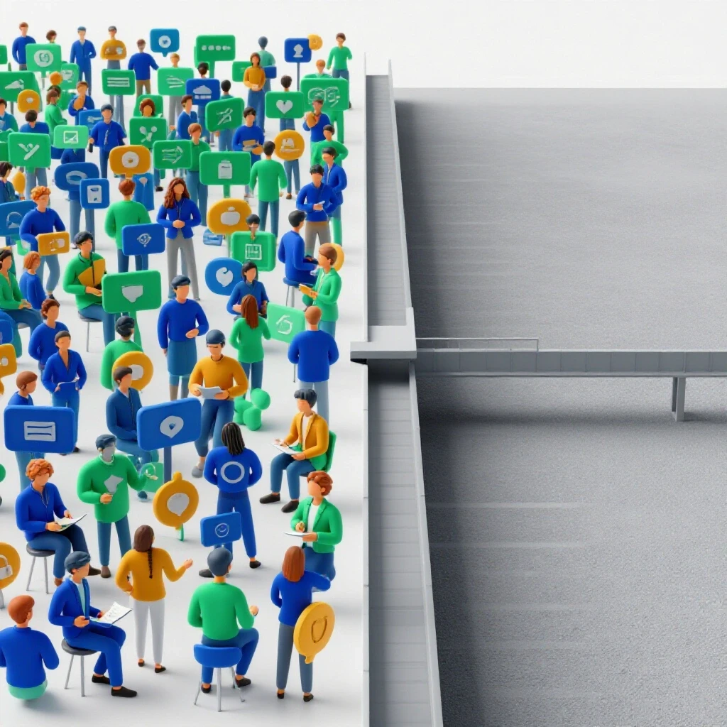 A contrasting social media landscape illustrating engagement and lost clients, connected by a dynamic pathway.