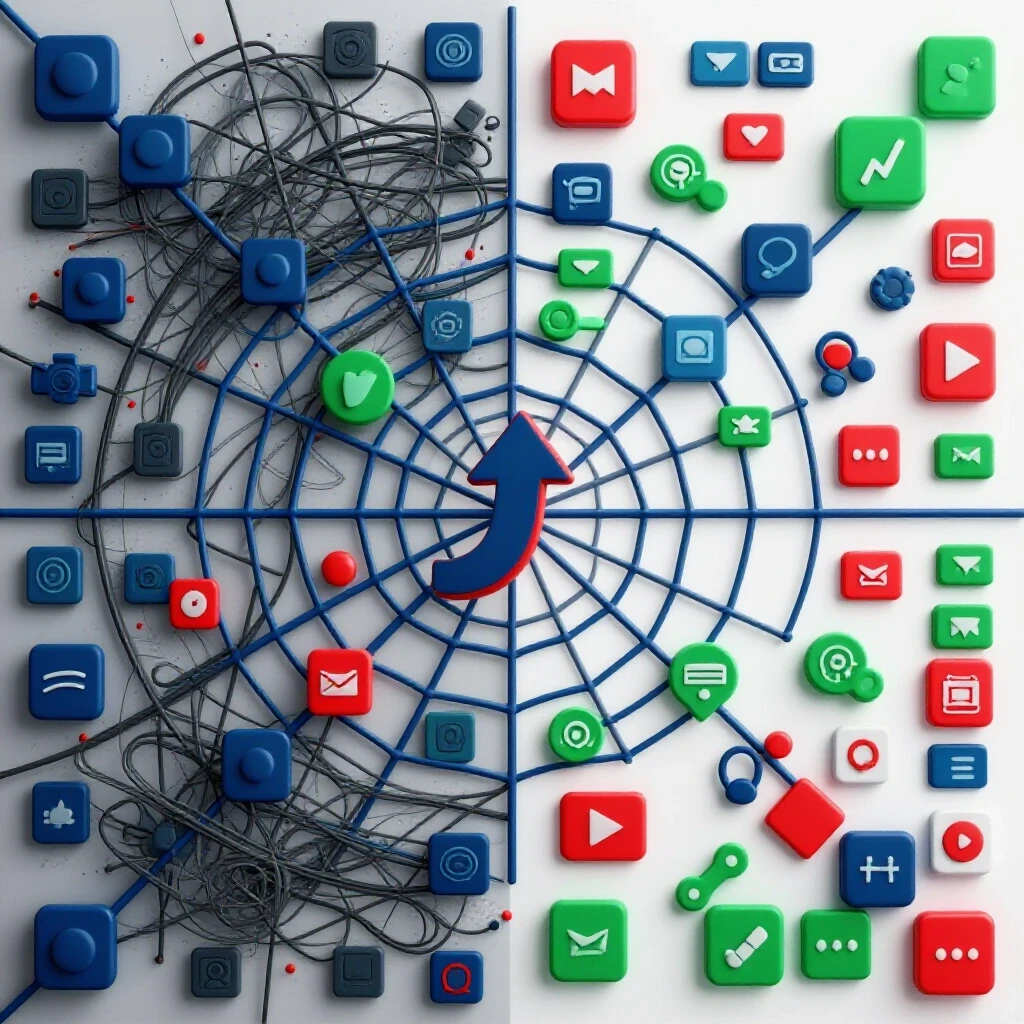 A visual representation of digital content growth, featuring a tangled web of icons and an upward arrow.