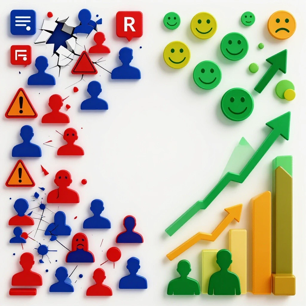 A split illustration showing a chaotic social media landscape on one side and a thriving digital community on the other, symbolizing growth.