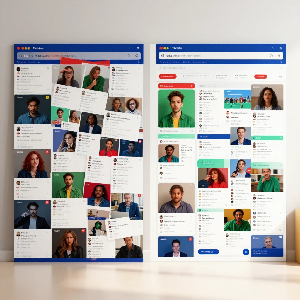 A visual comparison of a chaotic vs organized social media feed illustrating common AI mistakes and successful strategies.