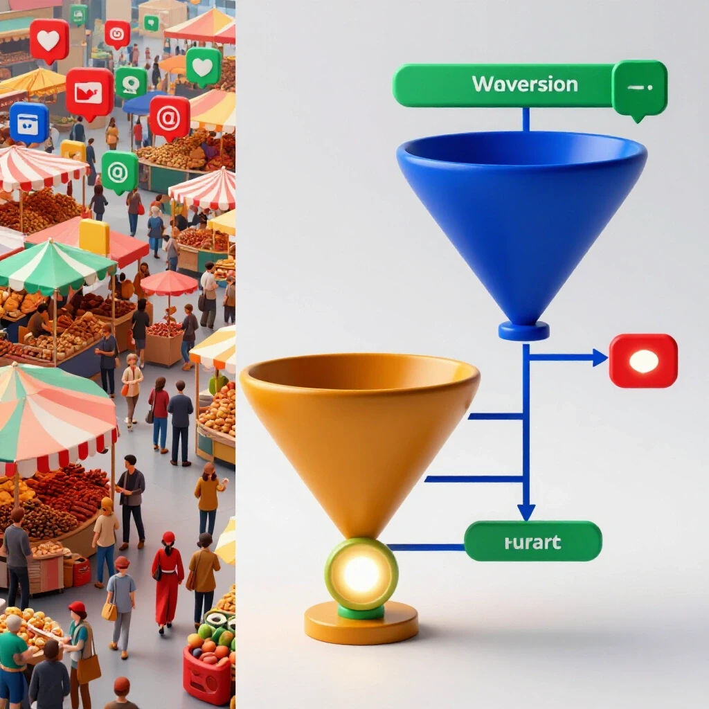 A split-image showing a vibrant marketplace with social media icons on one side and a focused conversion funnel with a glowing button on the other, symbolizing awareness and conversion ads.