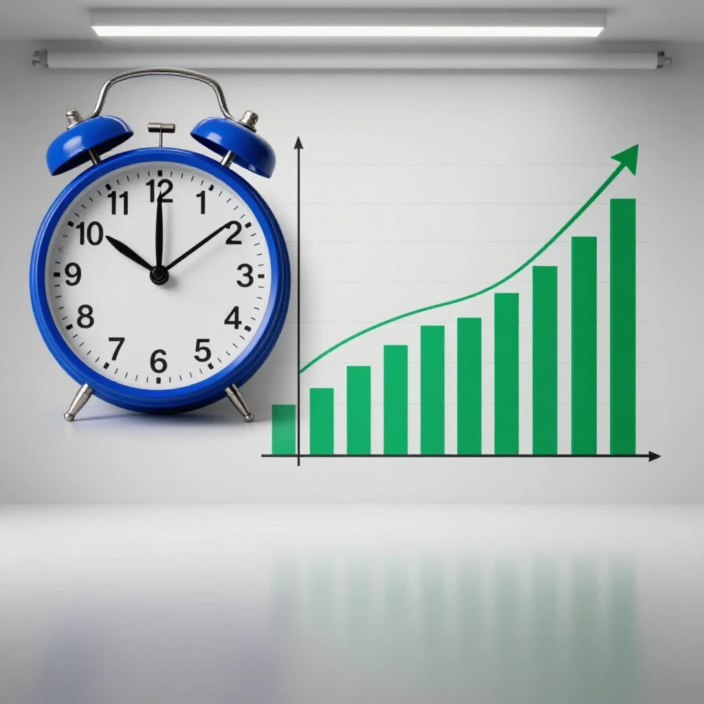 A split-screen image showing a ticking clock on the left and a rising graph on the right, symbolizing the relationship between time and advertising results.