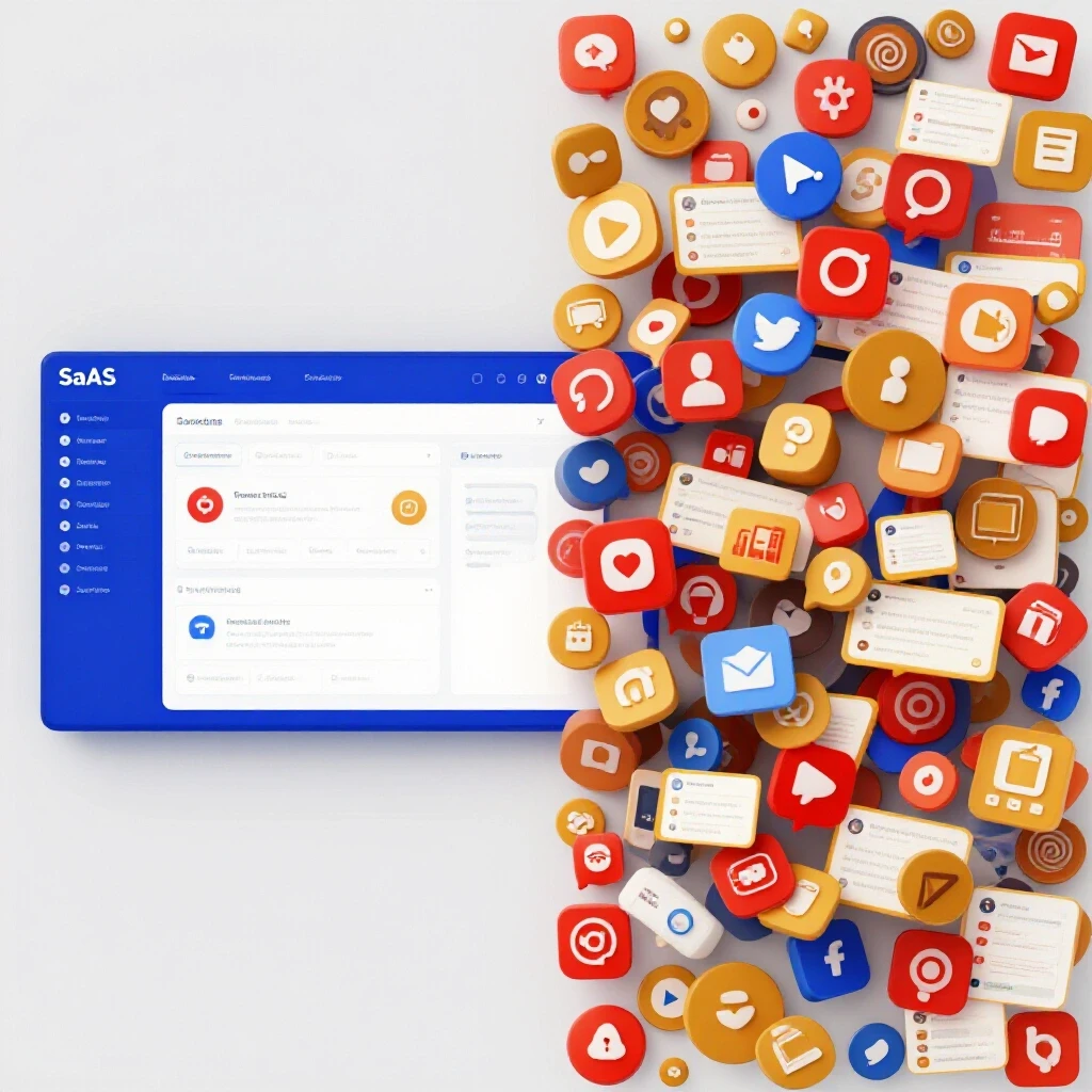 A split-screen image contrasting a B2B SaaS dashboard with an array of vibrant social media icons, set in a bright studio.