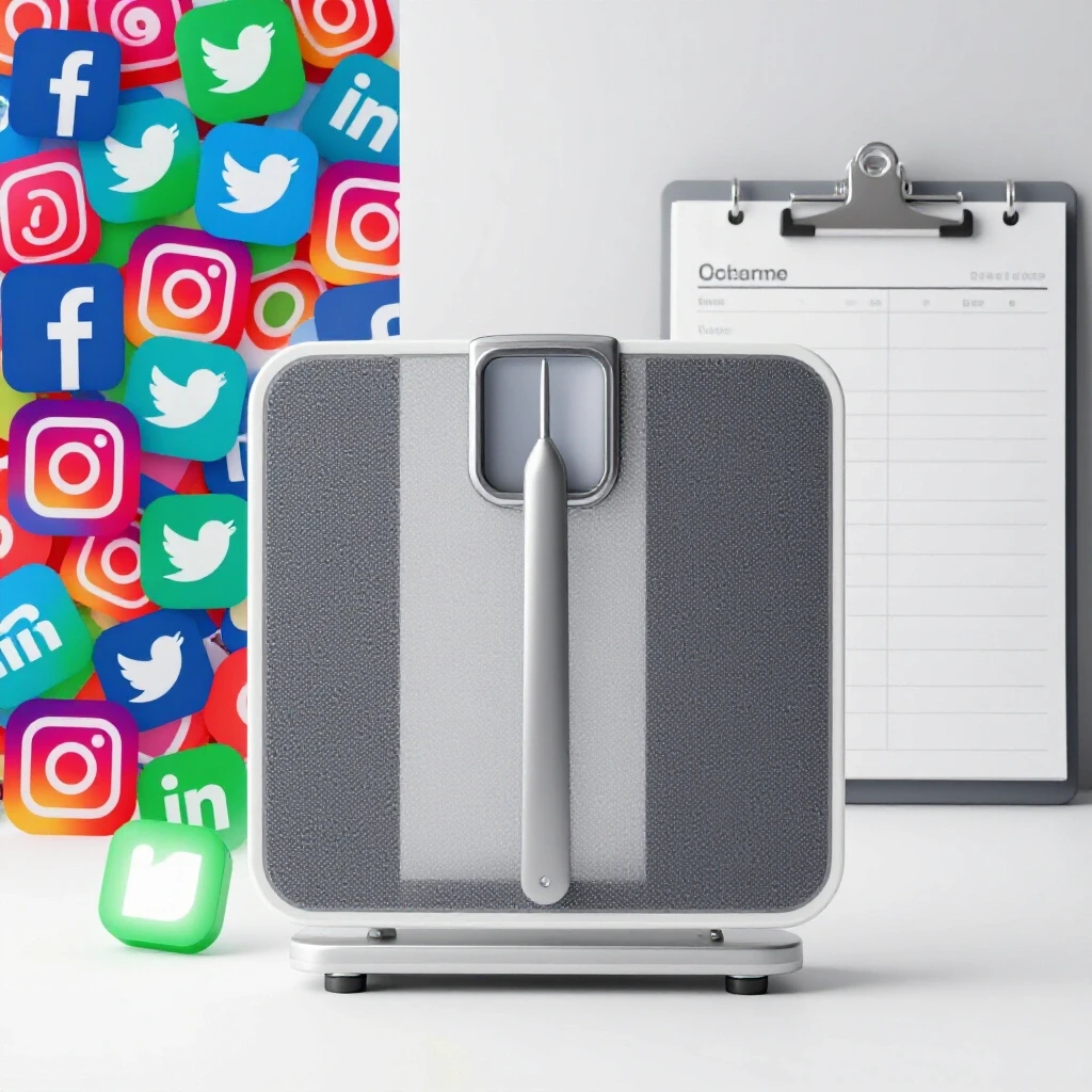 A balanced scale with vibrant social media icons on one side and a calm planner on the other, symbolizing strategy vs execution.