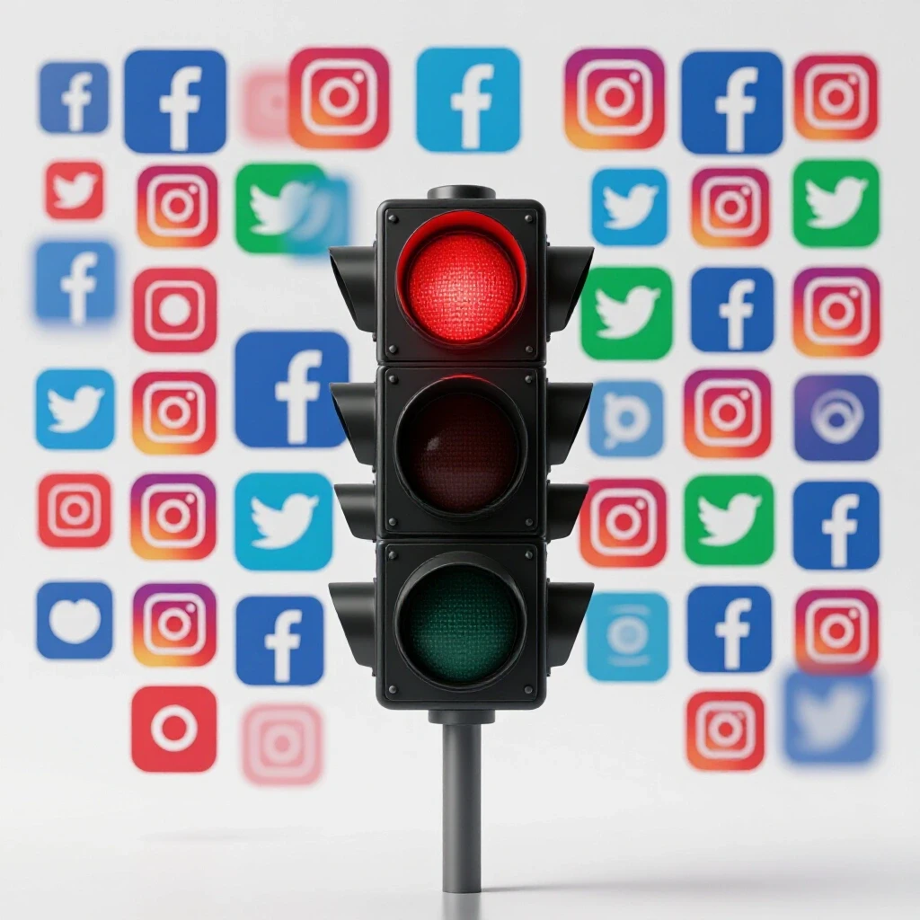 3D-rendered image of a red traffic light with vibrant social media icons blurred around it, symbolizing ad pauses.