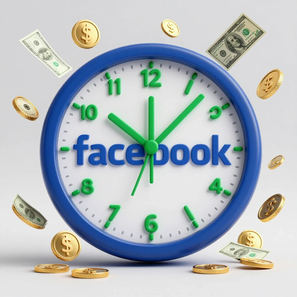 A large stylized clock with Facebook's logo as the face, surrounded by floating coins and dollar bills, symbolizing ad costs.