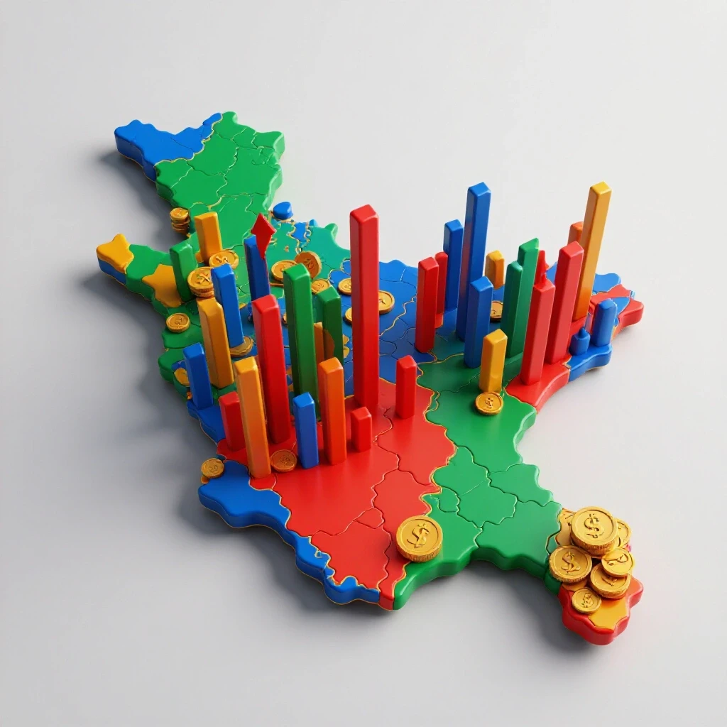 Colorful map of Bangladesh with dynamic bar graphs and coin icons representing Facebook ad costs and impressions.