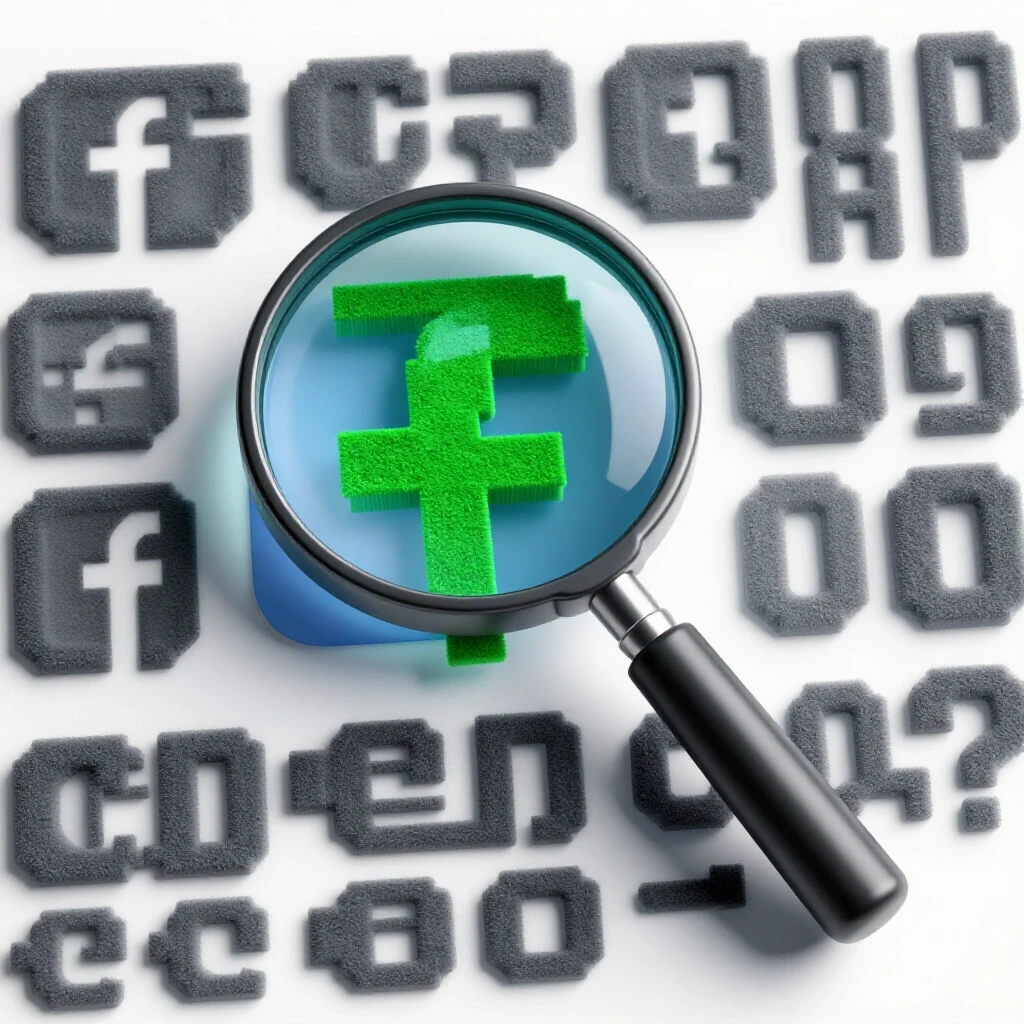 A magnifying glass over a pixelated Facebook logo, showcasing vibrant real clicks versus dull counterfeit clicks.