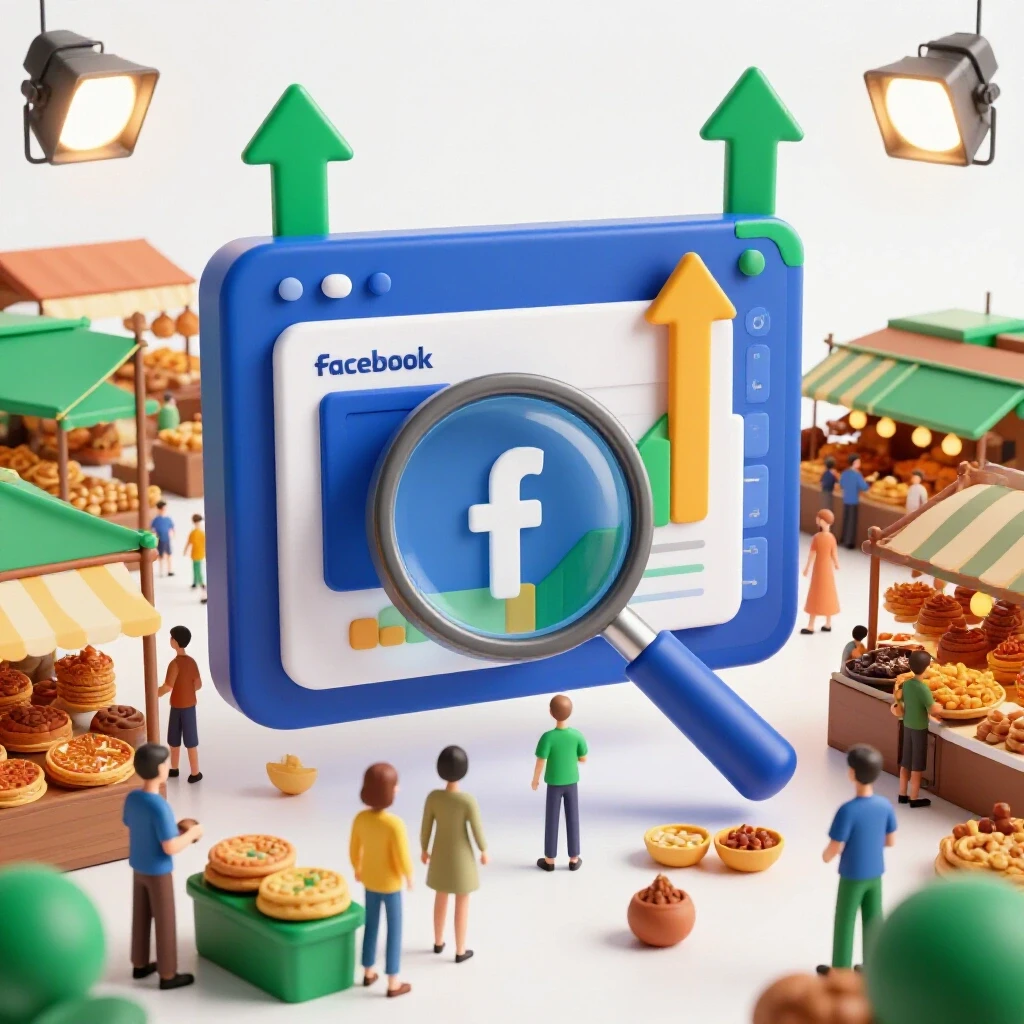 A vibrant digital marketplace scene with Facebook ad metrics displayed, featuring upward arrows and magnifying glasses to symbolize engagement.