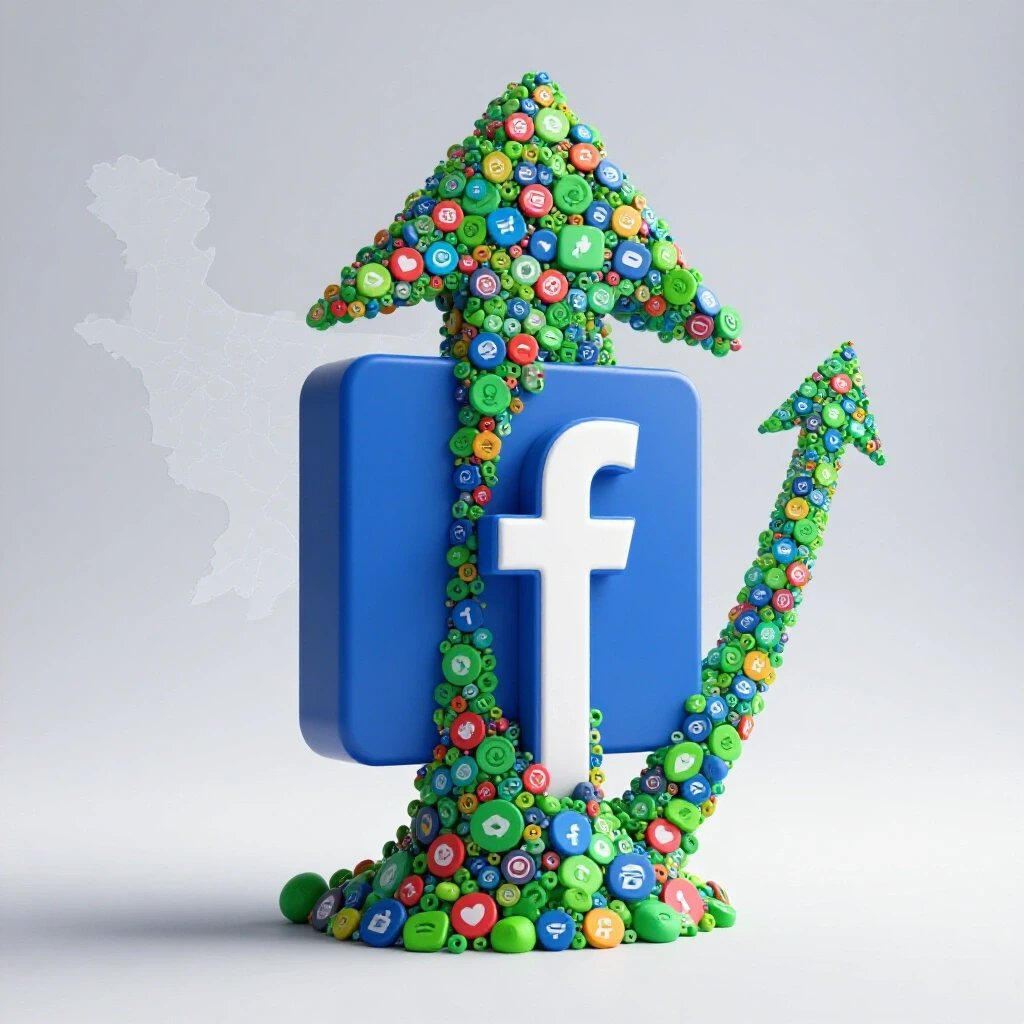 A stylized Facebook logo surrounded by colorful social media icons in an upward arrow shape, with a Bangladesh map outline.