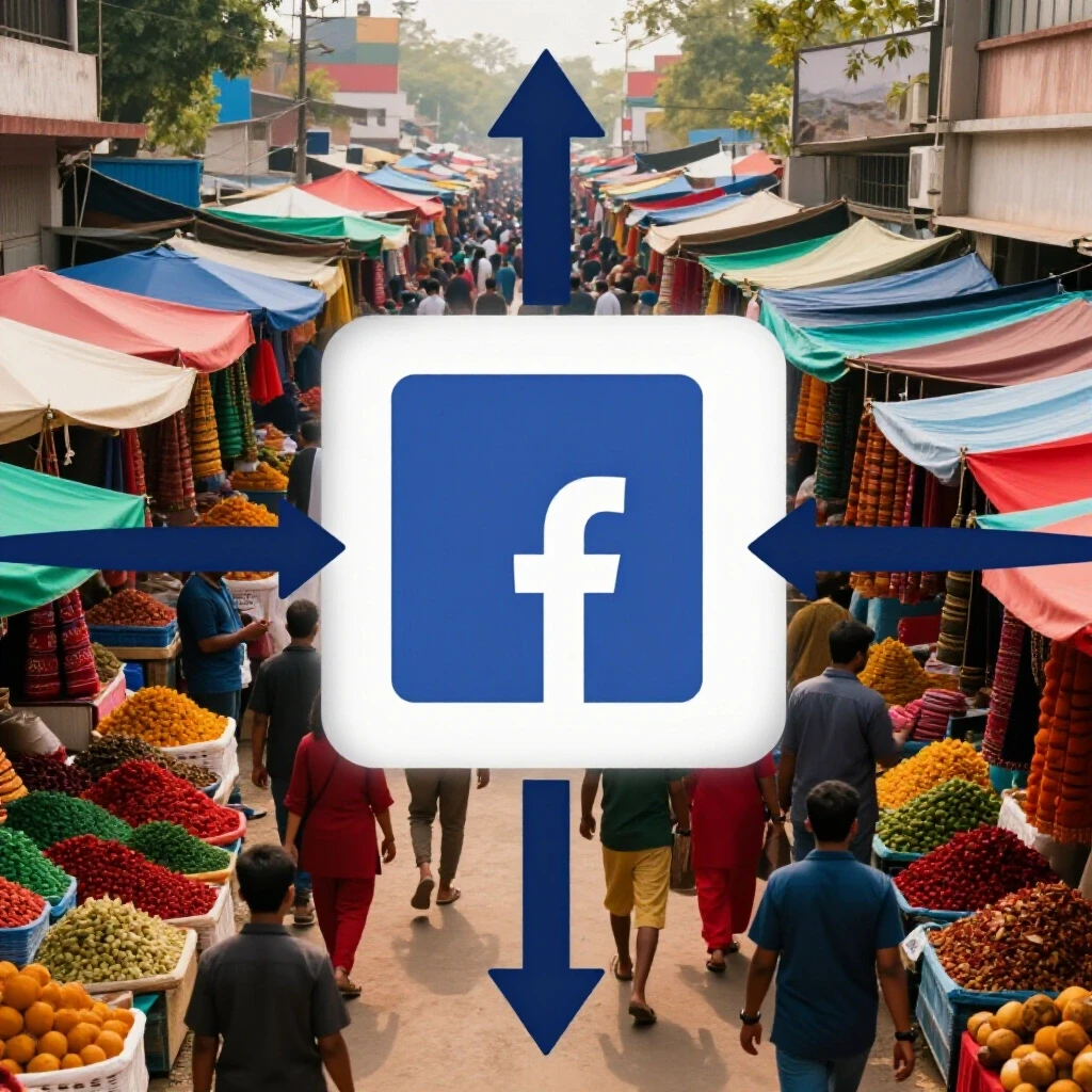 A vibrant split-screen image contrasting a traditional market in Bangladesh with a digital Facebook ads interface, using warm colors to symbolize engagement.