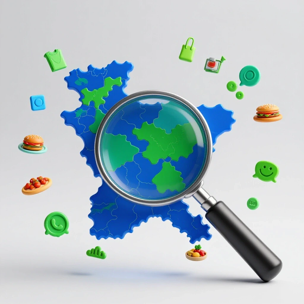 A colorful map of Bangladesh with a magnifying glass and niche icons around it, symbolizing targeted Facebook advertising.