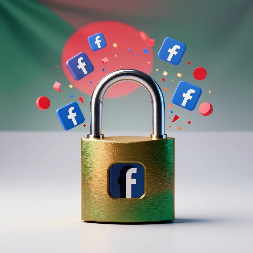 A vibrant illustration of an open padlock with Facebook icons bursting out against a graphic representation of the Bangladesh flag.