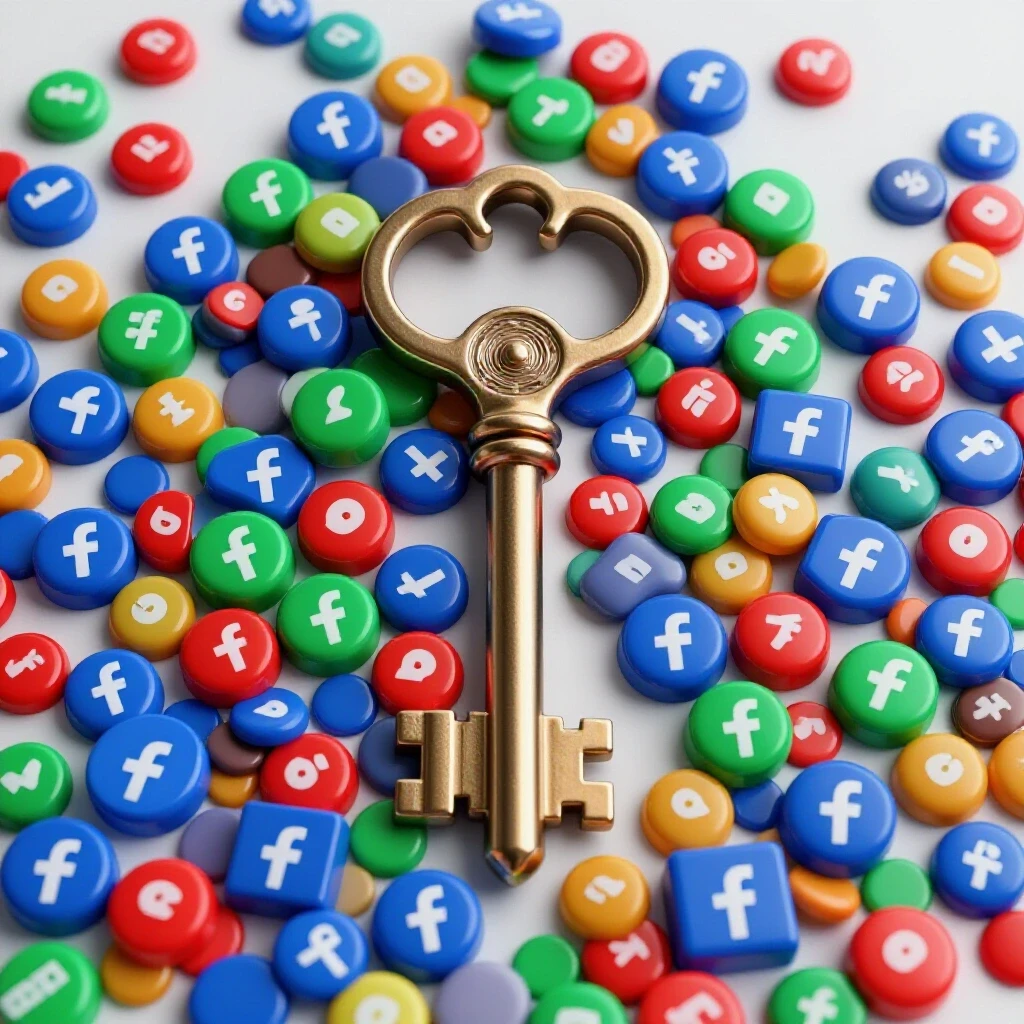 A metallic key emerging from colorful Facebook icons, symbolizing unlocking conversion rate secrets.