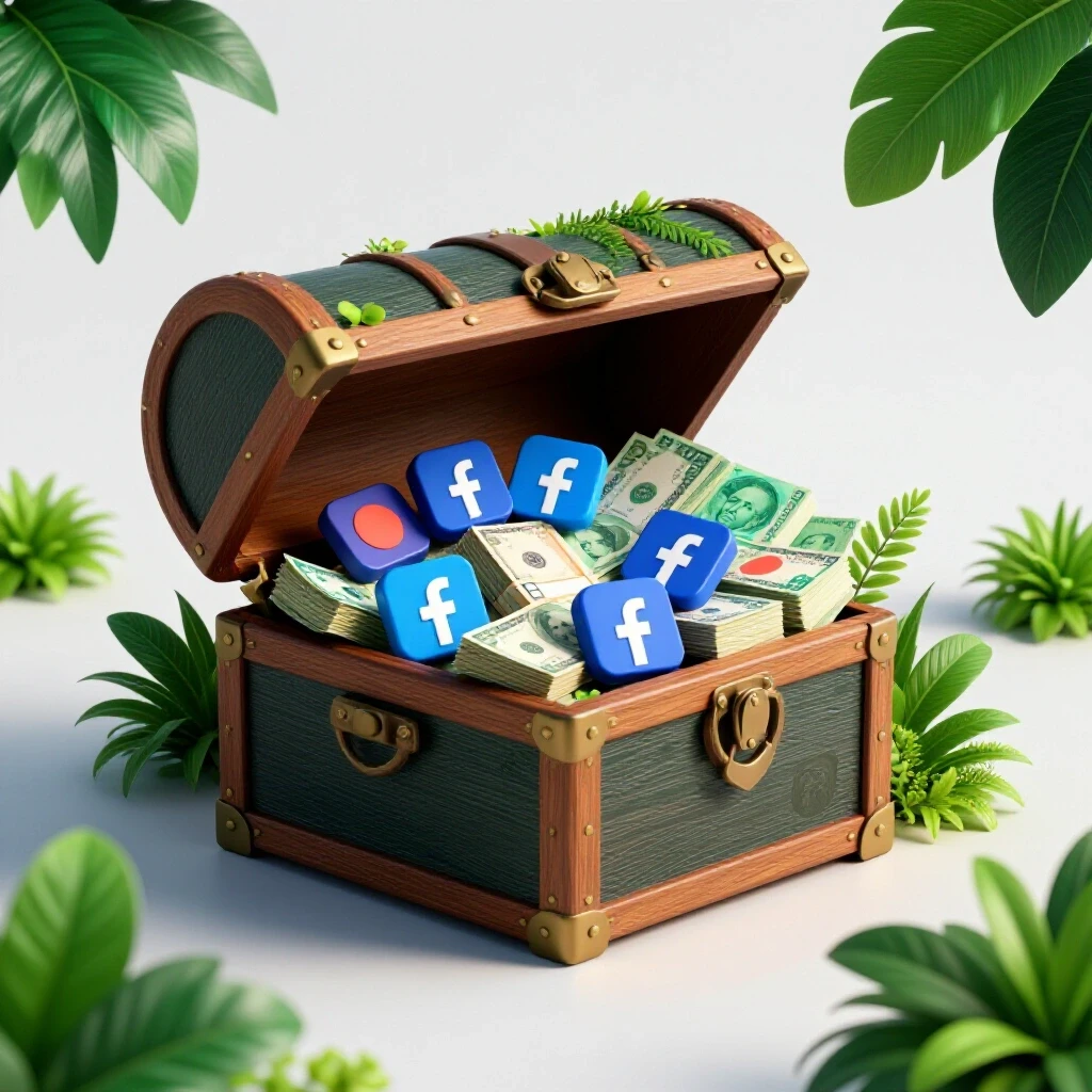 A treasure chest overflowing with Facebook icons and currency notes, surrounded by lush greenery, symbolizing Bangladesh.