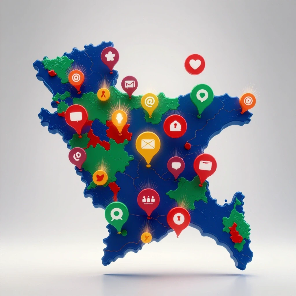 Vibrant map of Bangladesh with social media icons representing Facebook advertising growth.