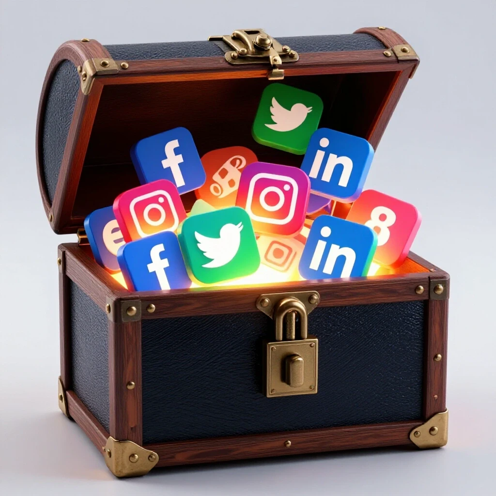 A glowing treasure chest filled with colorful social media icons in a bright studio setting, symbolizing Facebook Ads potential.