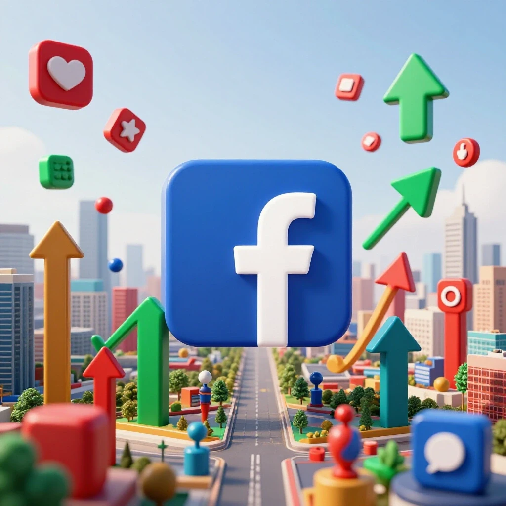 A vibrant logo symbolizing Facebook ads set against a lively digital backdrop, surrounded by growth icons.