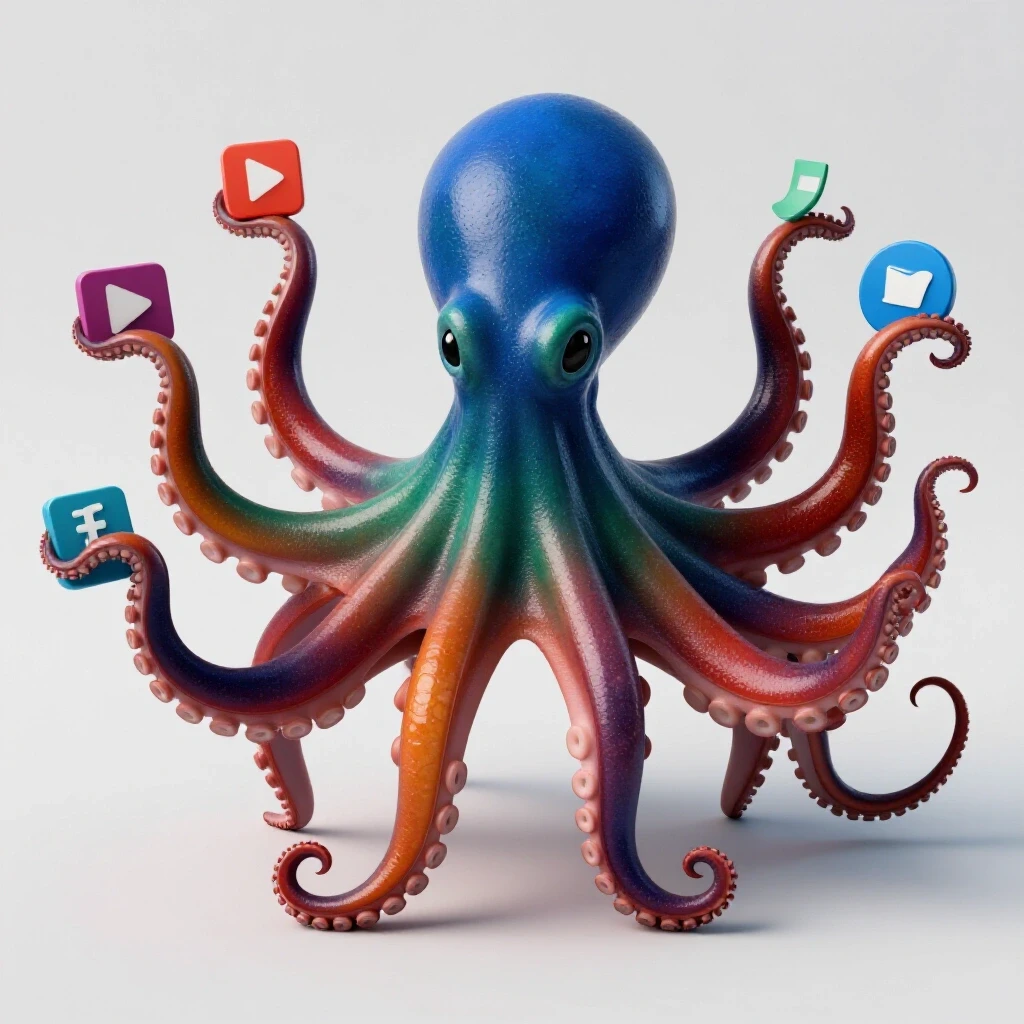 A multi-armed octopus holding vibrant social media icons, symbolizing efficient content creation.