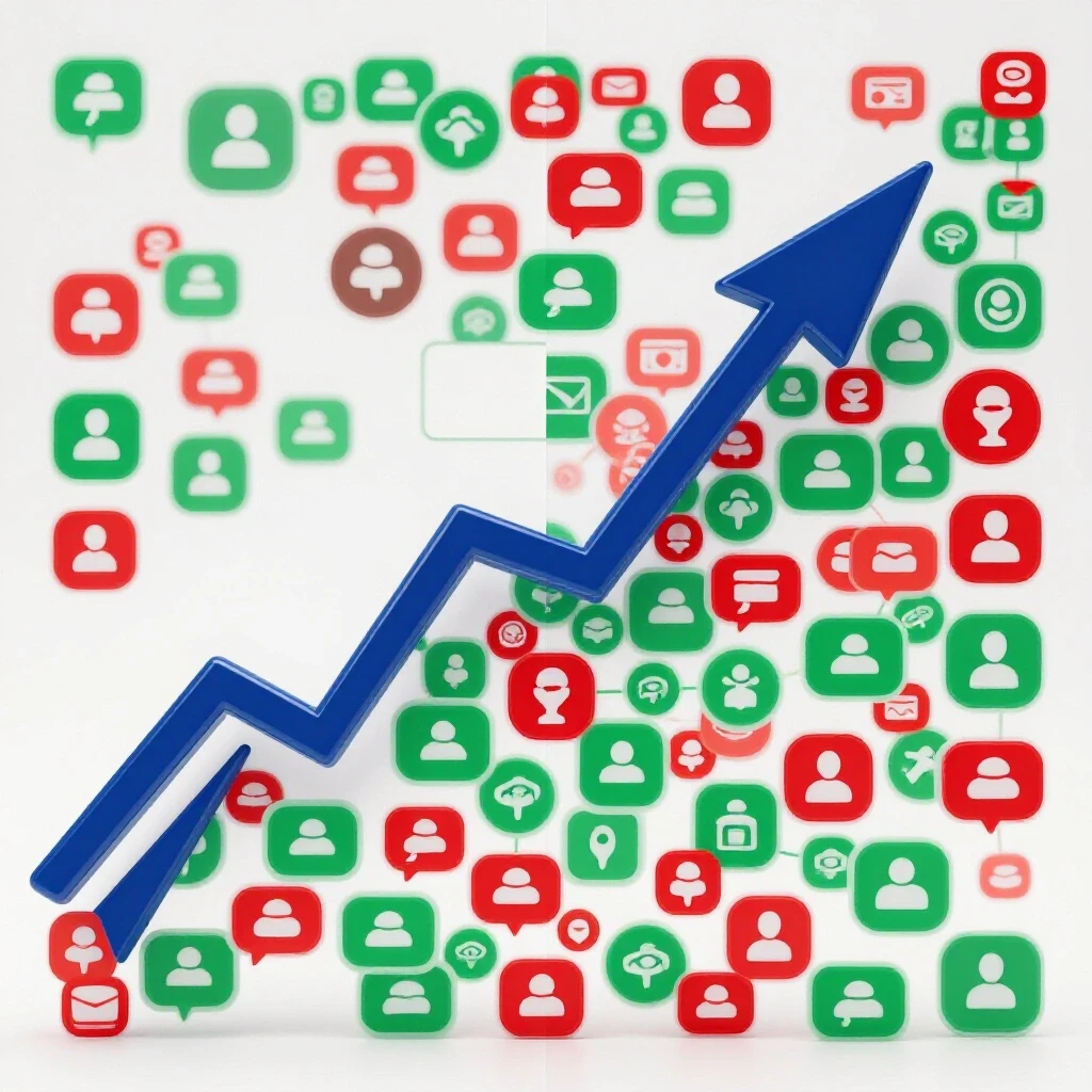 A split image with a rising graph line on one side and a chaotic network of social media icons on the other, illustrating clarity versus complexity in social ad ROI.